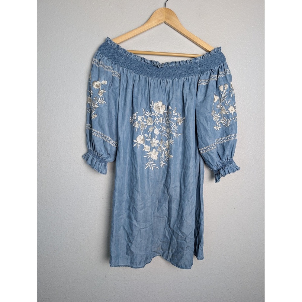Zara Woman Dress Womens L Blue Short Sundress Off Shoulder Embroidered Boho